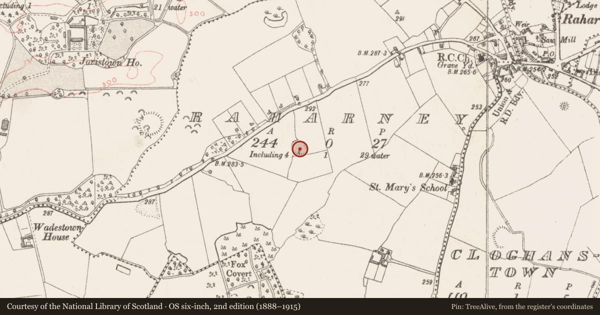 Ordnance Survey six-inch map, 2nd edition (1888–1915) covering the location of Ringfort - rath, Raharney, County Westmeath, with a pin at the register's coordinates