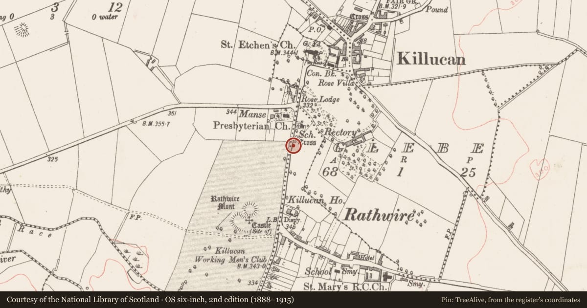 Ordnance Survey six-inch map, 2nd edition (1888–1915) covering the location of Cross - Wayside cross, Rathwire Lower, County Westmeath, with a pin at the register's coordinates