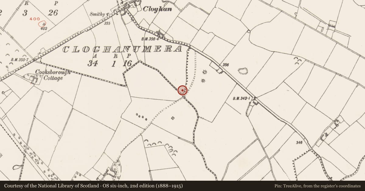 Ordnance Survey six-inch map, 2nd edition (1888–1915) covering the location of Barrow - ring-barrow, Cloghanumera, County Westmeath, with a pin at the register's coordinates