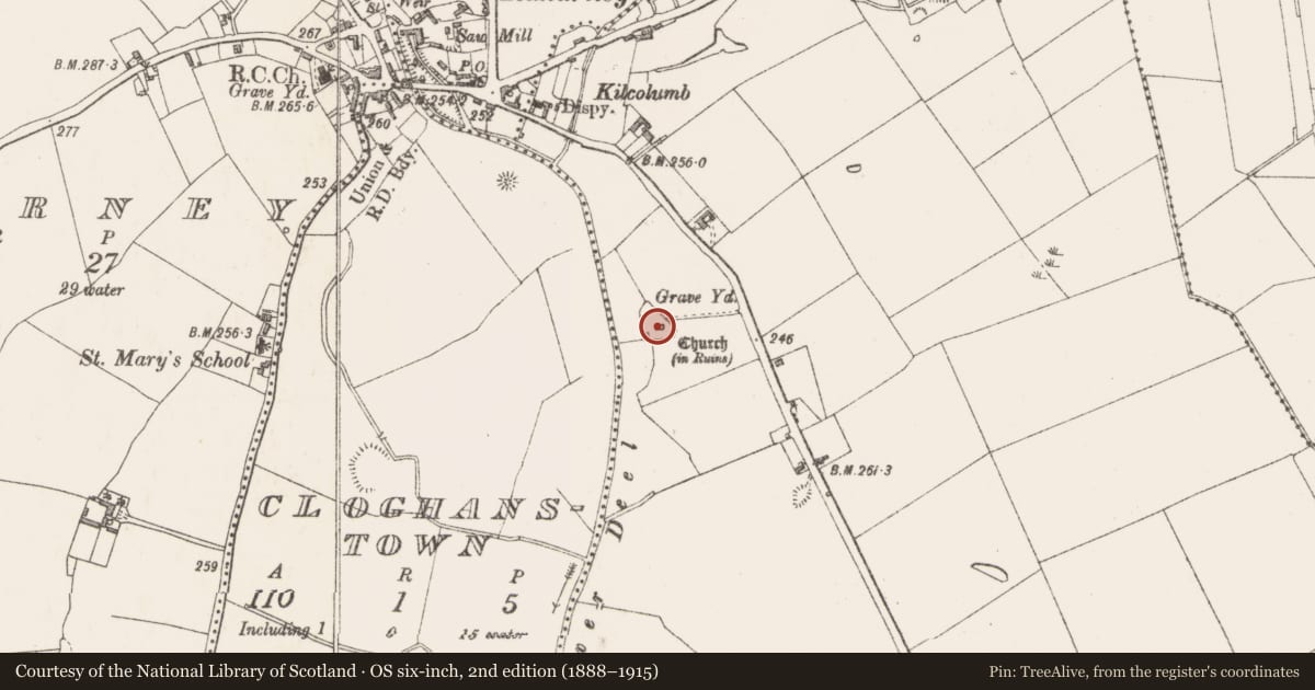 Ordnance Survey six-inch map, 2nd edition (1888–1915) covering the location of Church, Grange Beg, County Westmeath, with a pin at the register's coordinates