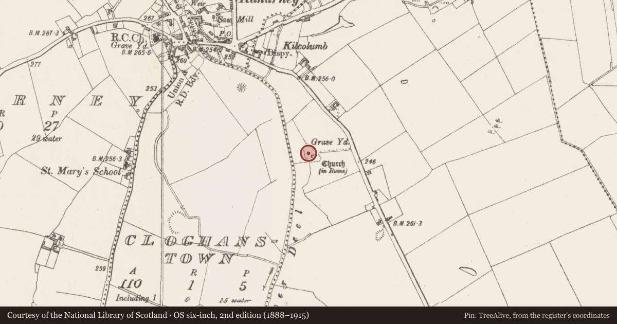 Ordnance Survey six-inch map, 2nd edition (1888–1915) covering the location of Graveyard, Grange Beg, County Westmeath, with a pin at the register's coordinates