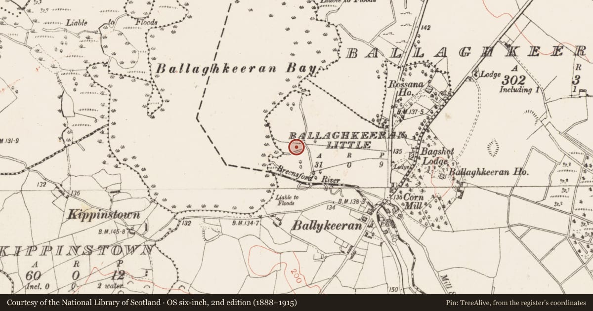Ordnance Survey six-inch map, 2nd edition (1888–1915) covering the location of Burial mound, Ballaghkeeran Little, County Westmeath, with a pin at the register's coordinates