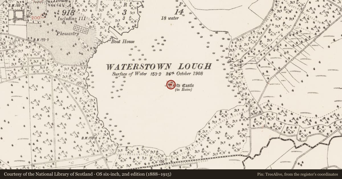 Ordnance Survey six-inch map, 2nd edition (1888–1915) covering the location of Crannog, Waterstown, County Westmeath, with a pin at the register's coordinates