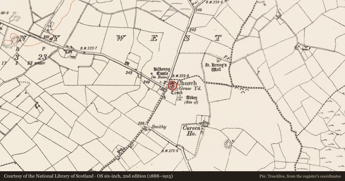 Ordnance Survey six-inch map, 2nd edition (1888–1915) covering the location of Graveyard, Kilkenny Abbey, County Westmeath, with a pin at the register's coordinates