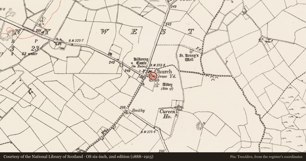 Ordnance Survey six-inch map, 2nd edition (1888–1915) covering the location of Chapel, Kilkenny Abbey, County Westmeath, with a pin at the register's coordinates