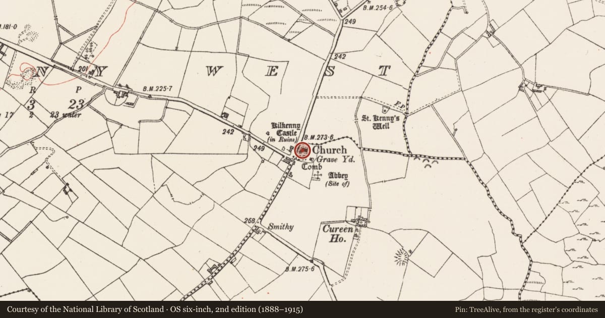 Ordnance Survey six-inch map, 2nd edition (1888–1915) covering the location of Font, Kilkenny West, County Westmeath, with a pin at the register's coordinates