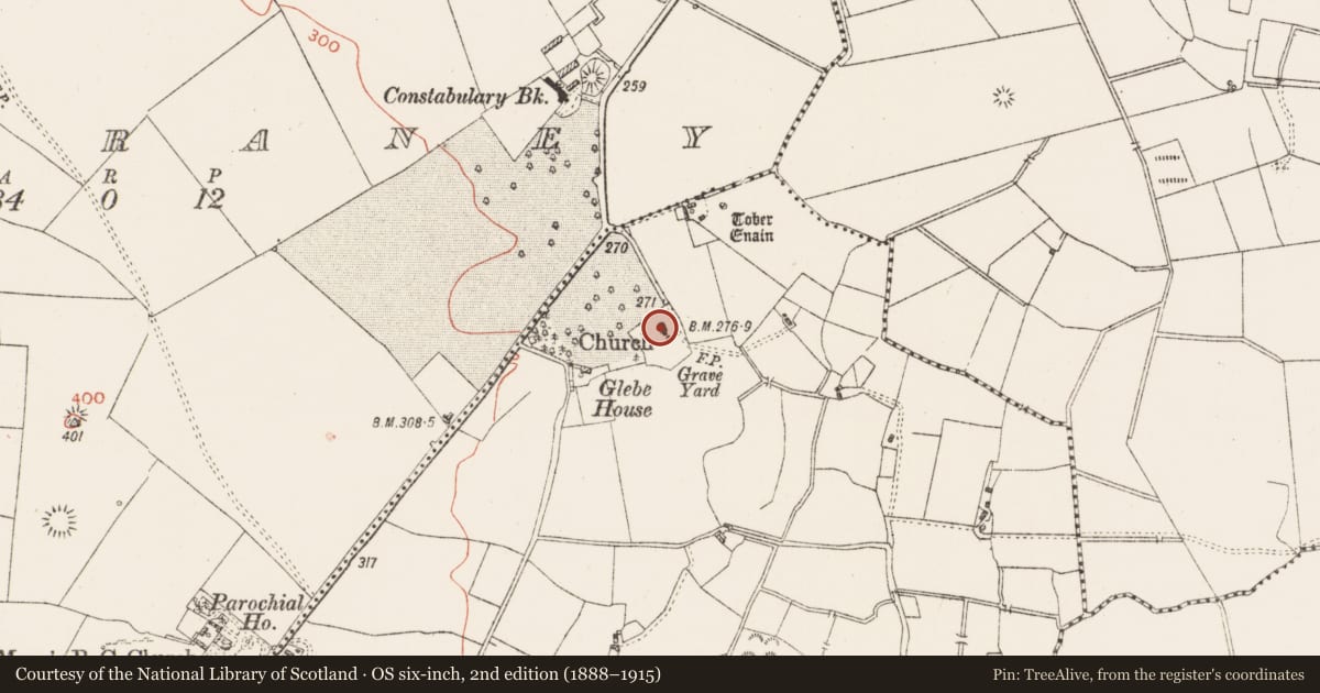 Ordnance Survey six-inch map, 2nd edition (1888–1915) covering the location of Church, Cartroncoragh, County Westmeath, with a pin at the register's coordinates