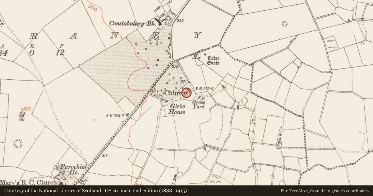 Ordnance Survey six-inch map, 2nd edition (1888–1915) covering the location of Graveyard, Cartroncoragh, County Westmeath, with a pin at the register's coordinates