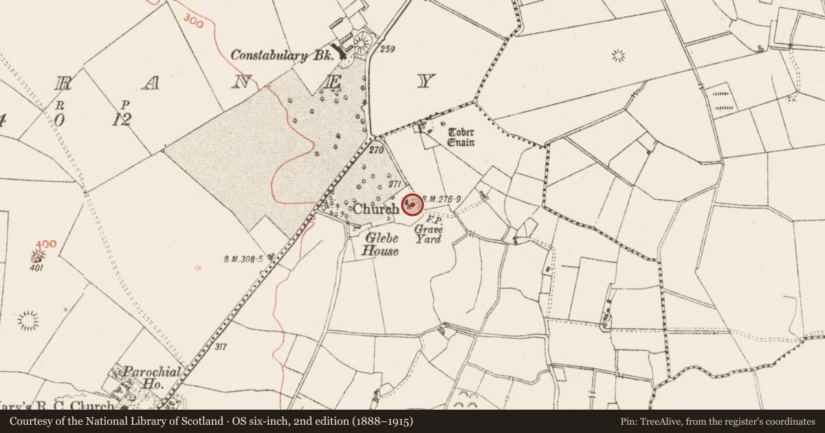 Ordnance Survey six-inch map, 2nd edition (1888–1915) covering the location of Graveslab, Cartroncoragh, County Westmeath, with a pin at the register's coordinates