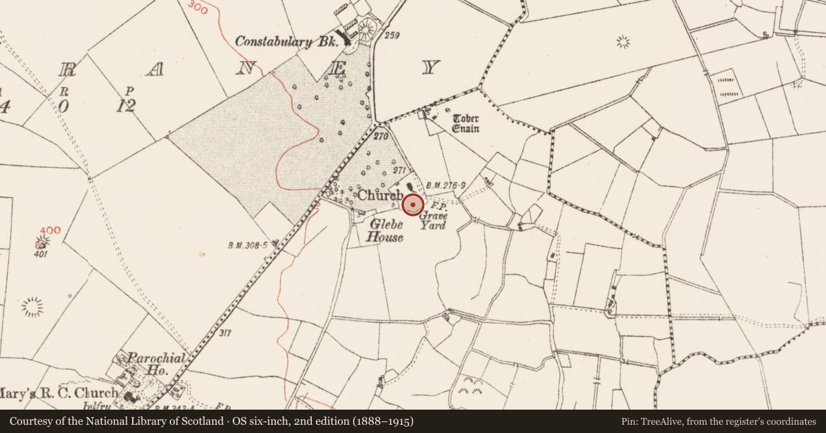Ordnance Survey six-inch map, 2nd edition (1888–1915) covering the location of Graveslab, Cartroncoragh, County Westmeath, with a pin at the register's coordinates