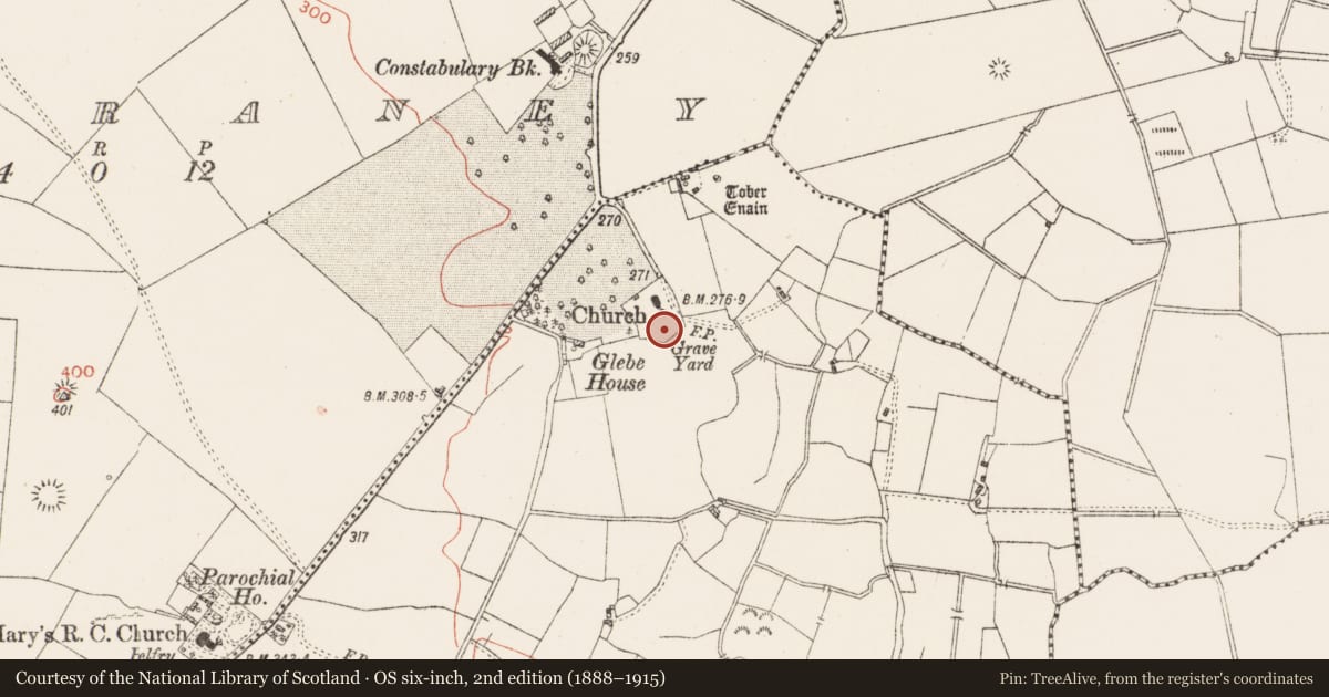 Ordnance Survey six-inch map, 2nd edition (1888–1915) covering the location of Ecclesiastical enclosure, Cartroncoragh, County Westmeath, with a pin at the register's coordinates
