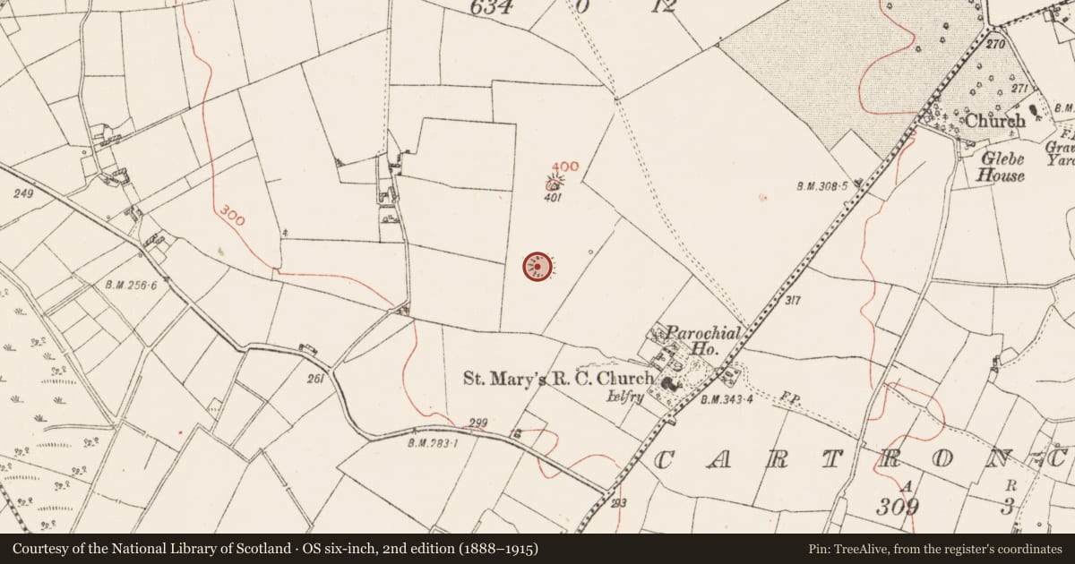 Ordnance Survey six-inch map, 2nd edition (1888–1915) covering the location of Moated site, Drumraney, County Westmeath, with a pin at the register's coordinates