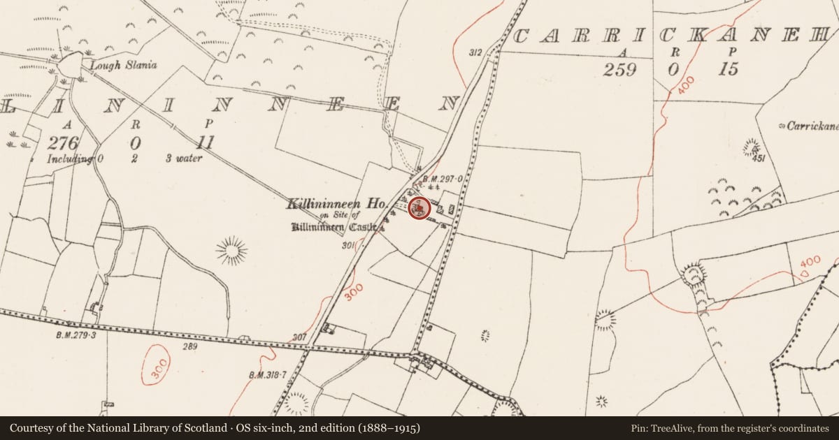Ordnance Survey six-inch map, 2nd edition (1888–1915) covering the location of Castle - unclassified, Killininneen, County Westmeath, with a pin at the register's coordinates