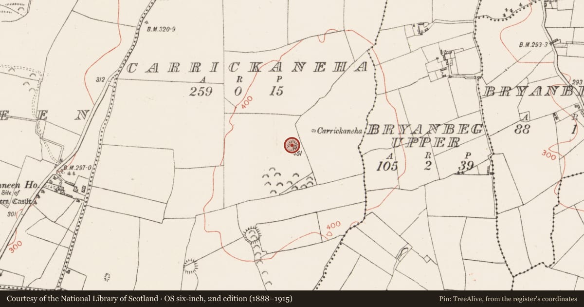 Ordnance Survey six-inch map, 2nd edition (1888–1915) covering the location of Burial mound, Carrickaneha, County Westmeath, with a pin at the register's coordinates