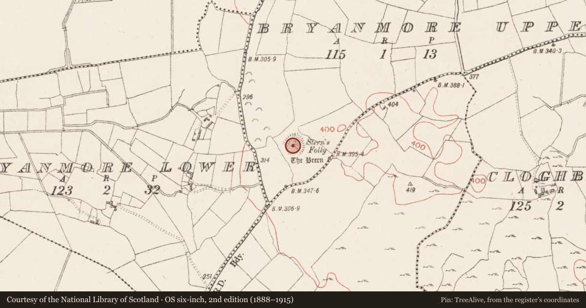 Ordnance Survey six-inch map, 2nd edition (1888–1915) covering the location of Castle - unclassified, Bryanmore Upper, County Westmeath, with a pin at the register's coordinates