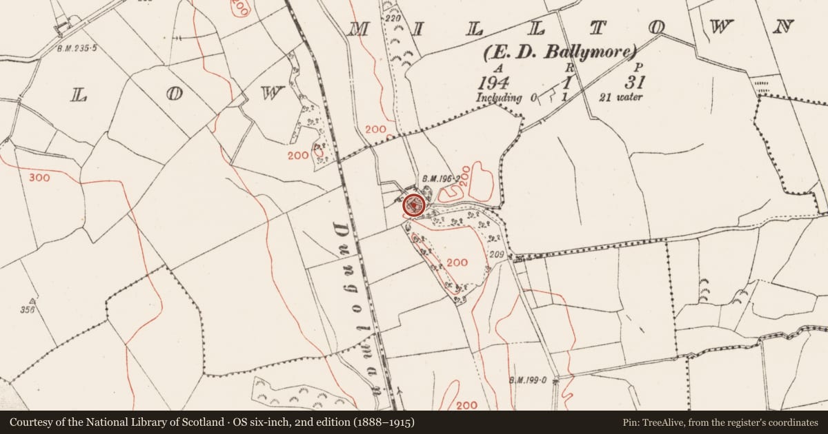 Ordnance Survey six-inch map, 2nd edition (1888–1915) covering the location of Water mill - vertical-wheeled, Harrystown, County Westmeath, with a pin at the register's coordinates