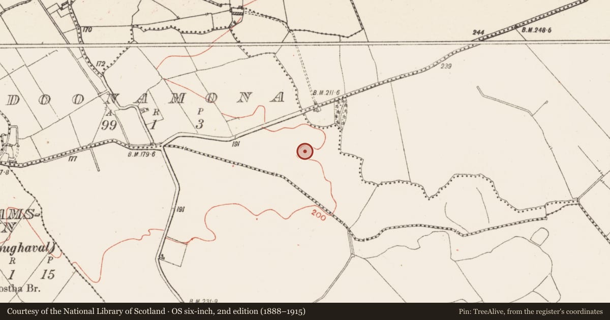 Ordnance Survey six-inch map, 2nd edition (1888–1915) covering the location of Enclosure - large enclosure, Doonamona, County Westmeath, with a pin at the register's coordinates