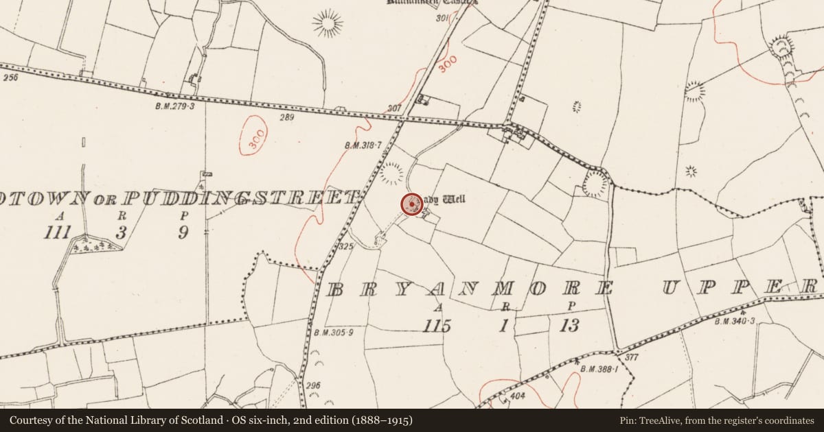 Ordnance Survey six-inch map, 2nd edition (1888–1915) covering the location of Ritual site - holy well, Bryanmore Upper, County Westmeath, with a pin at the register's coordinates