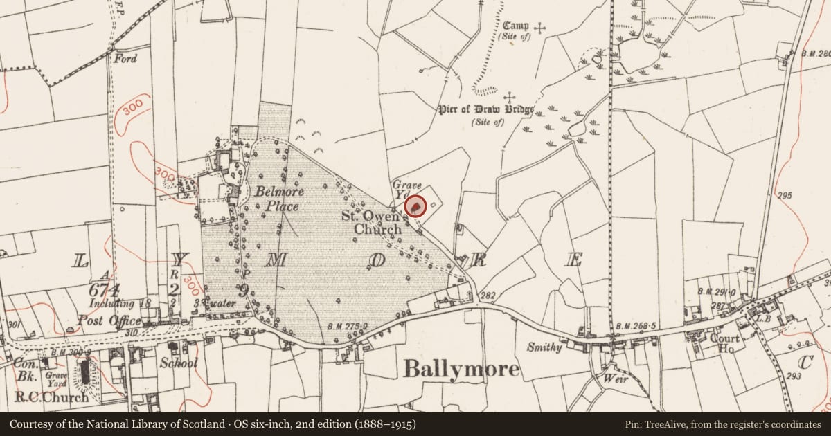 Ordnance Survey six-inch map, 2nd edition (1888–1915) covering the location of Church, Ballymore, County Westmeath, with a pin at the register's coordinates