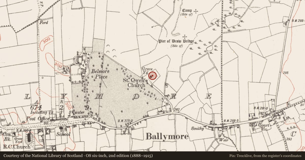 Ordnance Survey six-inch map, 2nd edition (1888–1915) covering the location of Graveyard, Ballymore, County Westmeath, with a pin at the register's coordinates
