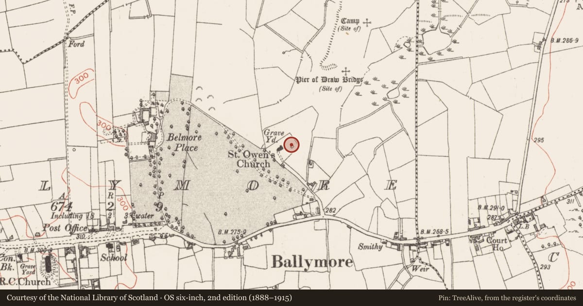Ordnance Survey six-inch map, 2nd edition (1888–1915) covering the location of Mausoleum, Ballymore, County Westmeath, with a pin at the register's coordinates