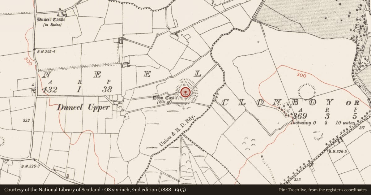 Ordnance Survey six-inch map, 2nd edition (1888–1915) covering the location of Castle - ringwork, Duneel, County Westmeath, with a pin at the register's coordinates