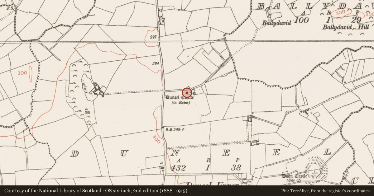 Ordnance Survey six-inch map, 2nd edition (1888–1915) covering the location of Castle - tower house, Duneel, County Westmeath, with a pin at the register's coordinates
