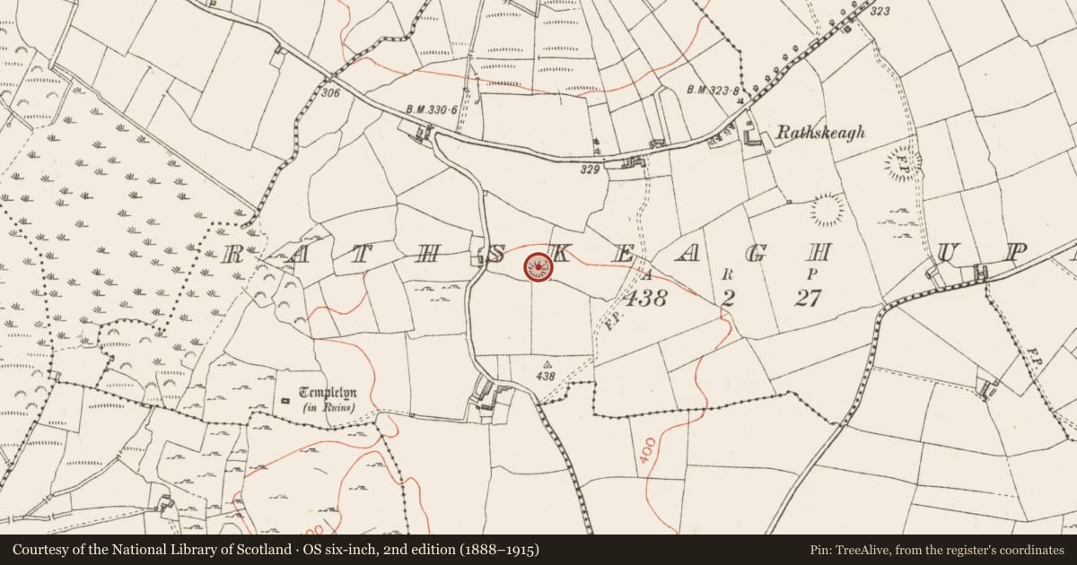 Ordnance Survey six-inch map, 2nd edition (1888–1915) covering the location of Burial mound, Rathskeagh Upper, County Westmeath, with a pin at the register's coordinates