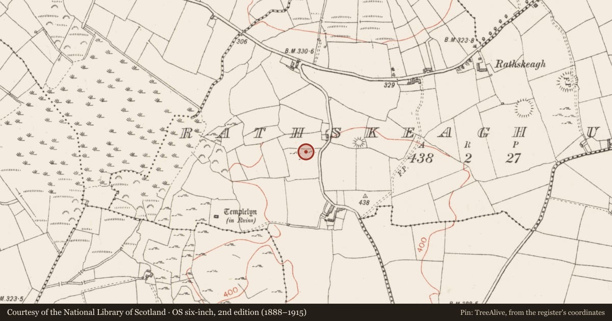 Ordnance Survey six-inch map, 2nd edition (1888–1915) covering the location of Barrow - mound barrow, Rathskeagh Upper, County Westmeath, with a pin at the register's coordinates