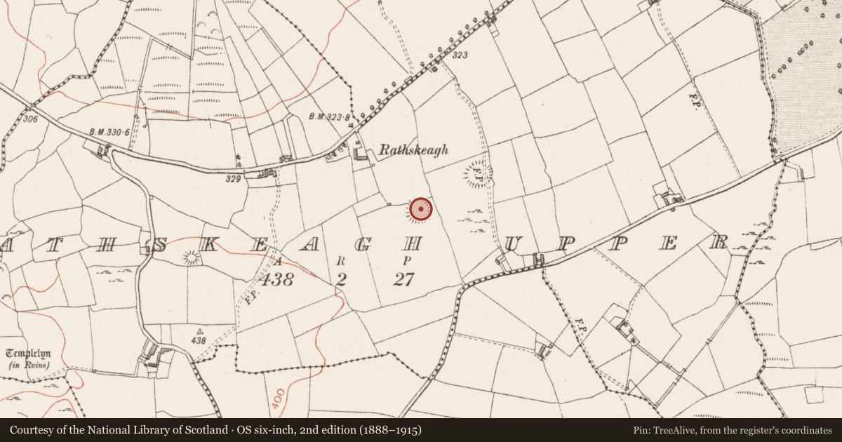 Ordnance Survey six-inch map, 2nd edition (1888–1915) covering the location of Ringfort - rath, Rathskeagh Upper, County Westmeath, with a pin at the register's coordinates