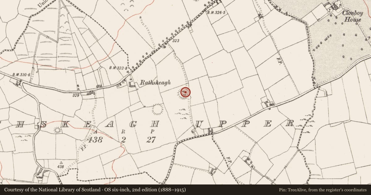 Ordnance Survey six-inch map, 2nd edition (1888–1915) covering the location of Ringfort - unclassified, Rathskeagh Upper, County Westmeath, with a pin at the register's coordinates