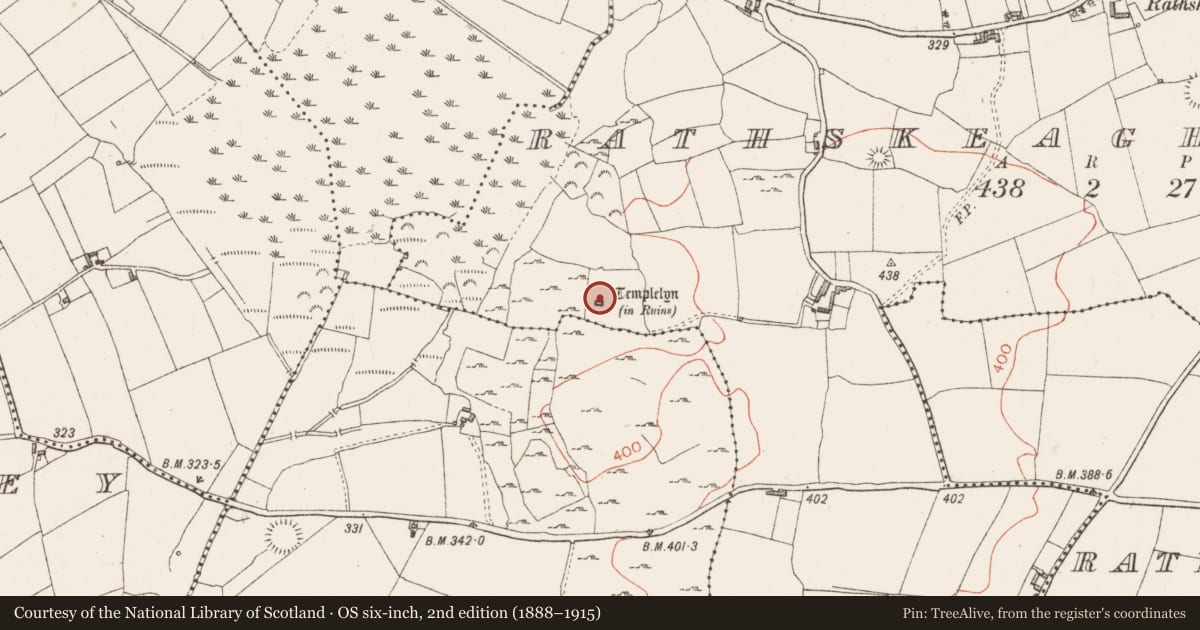 Ordnance Survey six-inch map, 2nd edition (1888–1915) covering the location of Church, Rathskeagh Upper, County Westmeath, with a pin at the register's coordinates