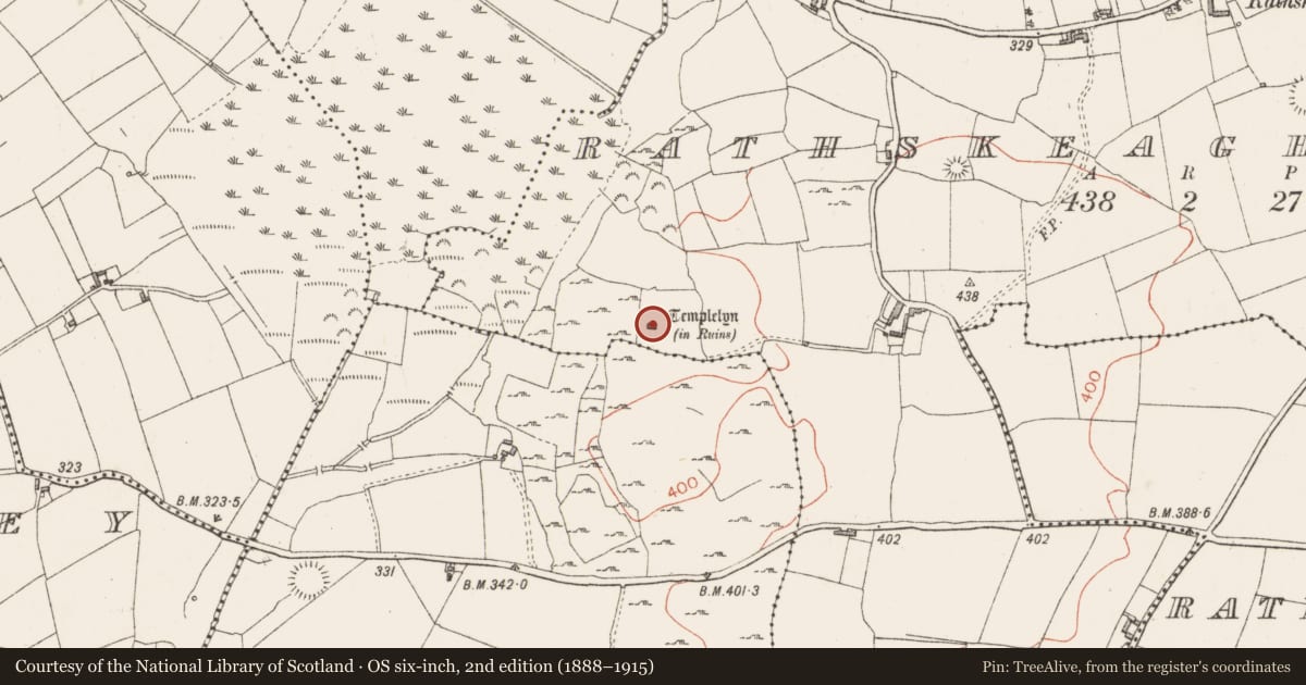 Ordnance Survey six-inch map, 2nd edition (1888–1915) covering the location of Ecclesiastical enclosure, Rathskeagh Upper, County Westmeath, with a pin at the register's coordinates