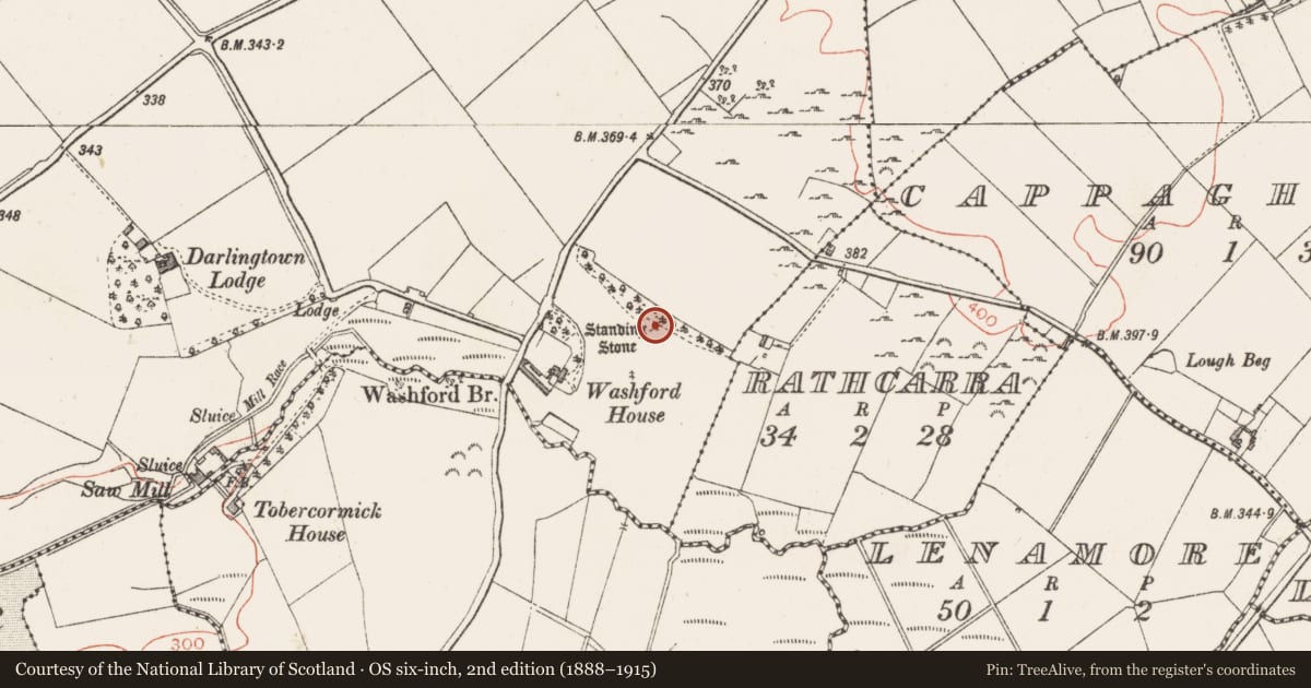 Ordnance Survey six-inch map, 2nd edition (1888–1915) covering the location of Standing stone, Tobercormick, County Westmeath, with a pin at the register's coordinates