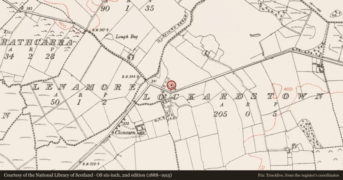 Ordnance Survey six-inch map, 2nd edition (1888–1915) covering the location of Castle - tower house, Lockardstown, County Westmeath, with a pin at the register's coordinates