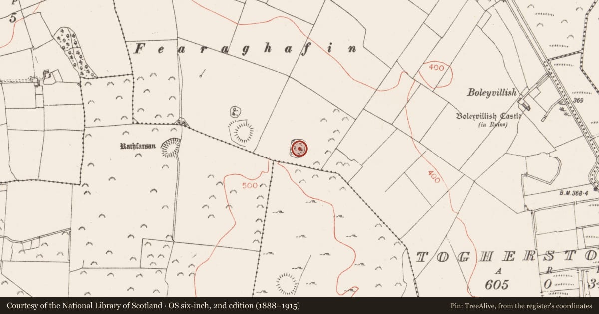 Ordnance Survey six-inch map, 2nd edition (1888–1915) covering the location of Moated site, Togherstown, County Westmeath, with a pin at the register's coordinates