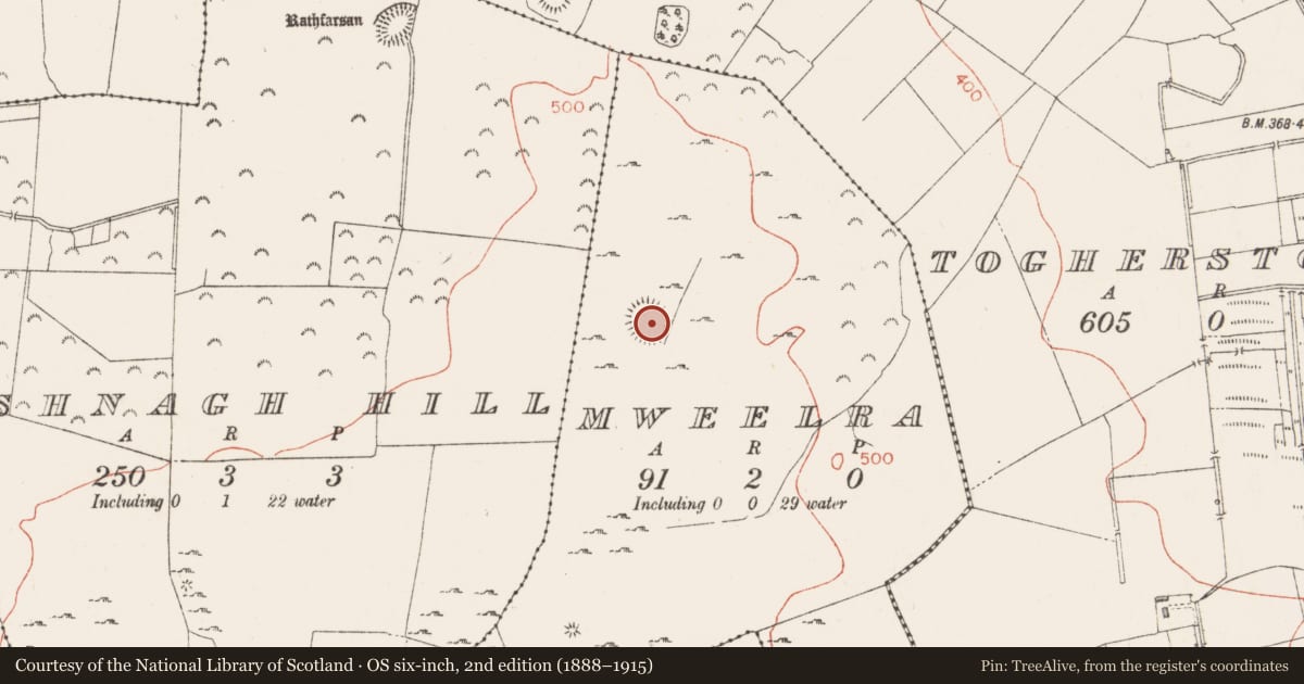 Ordnance Survey six-inch map, 2nd edition (1888–1915) covering the location of Barrow - stepped barrow, Mweelra, County Westmeath, with a pin at the register's coordinates