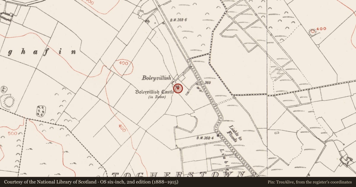Ordnance Survey six-inch map, 2nd edition (1888–1915) covering the location of Castle - tower house, Togherstown, County Westmeath, with a pin at the register's coordinates