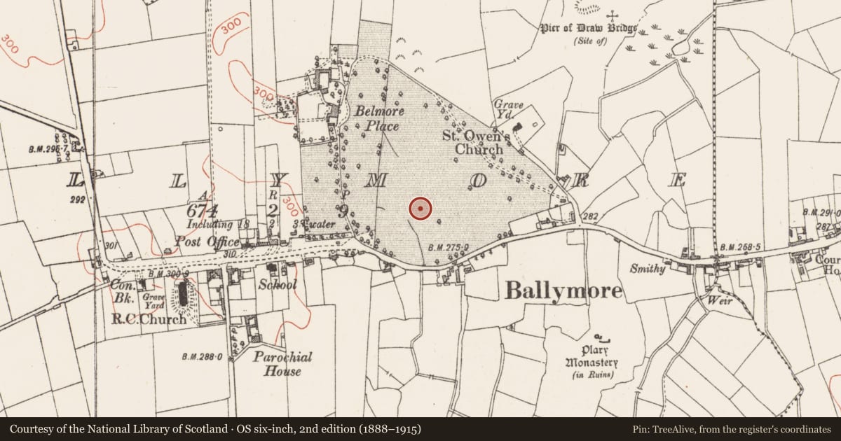 Ordnance Survey six-inch map, 2nd edition (1888–1915) covering the location of Military camp, Ballymore, County Westmeath, with a pin at the register's coordinates