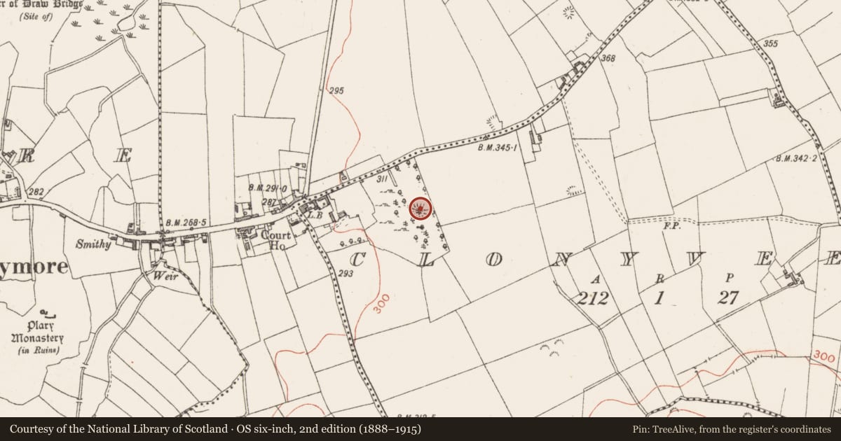 Ordnance Survey six-inch map, 2nd edition (1888–1915) covering the location of Barrow - ring-barrow, Clonyveey, County Westmeath, with a pin at the register's coordinates