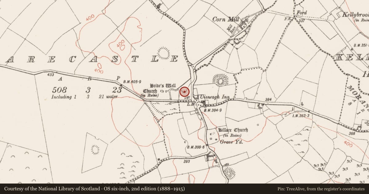 Ordnance Survey six-inch map, 2nd edition (1888–1915) covering the location of Ritual site - holy well, Killarecastle, County Westmeath, with a pin at the register's coordinates