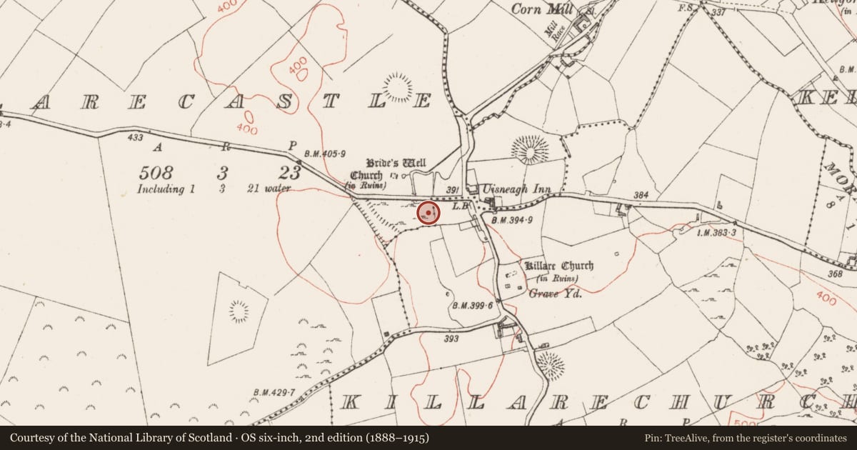 Ordnance Survey six-inch map, 2nd edition (1888–1915) covering the location of Ritual site - holy well, Killarecastle, County Westmeath, with a pin at the register's coordinates