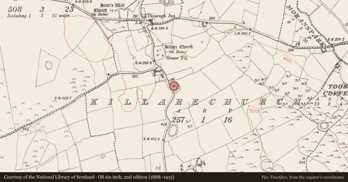 Ordnance Survey six-inch map, 2nd edition (1888–1915) covering the location of Ringfort - rath, Killarechurch, County Westmeath, with a pin at the register's coordinates