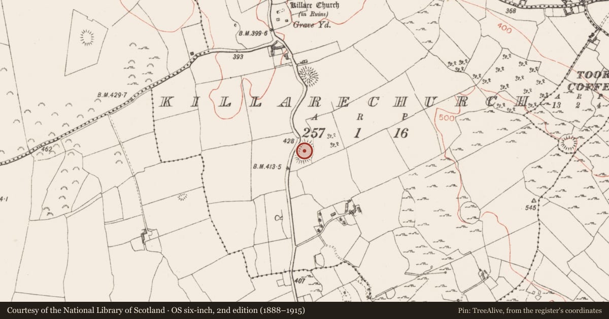 Ordnance Survey six-inch map, 2nd edition (1888–1915) covering the location of Ringfort - rath, Killarechurch, County Westmeath, with a pin at the register's coordinates