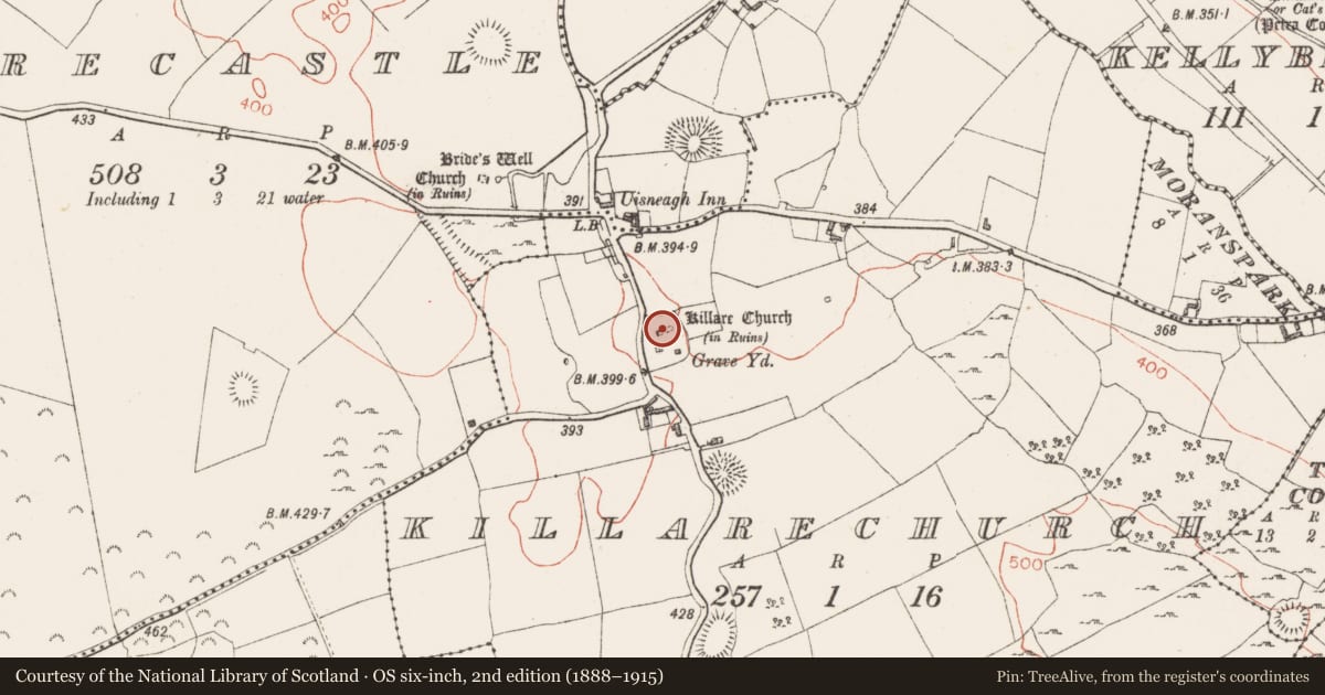 Ordnance Survey six-inch map, 2nd edition (1888–1915) covering the location of Church, Killarechurch, County Westmeath, with a pin at the register's coordinates