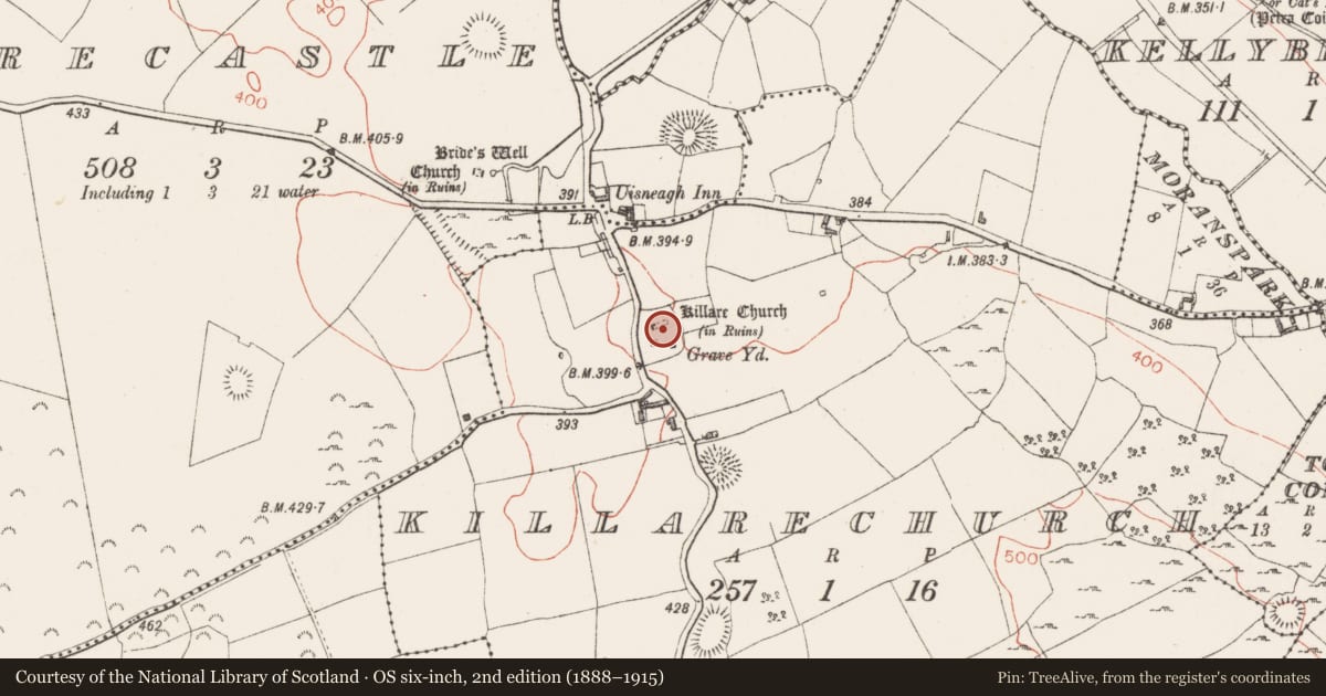 Ordnance Survey six-inch map, 2nd edition (1888–1915) covering the location of Graveyard, Killarechurch, County Westmeath, with a pin at the register's coordinates