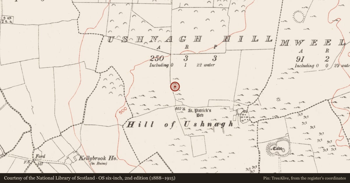 Ordnance Survey six-inch map, 2nd edition (1888–1915) covering the location of Barrow - ring-barrow, Ushnagh Hill, County Westmeath, with a pin at the register's coordinates