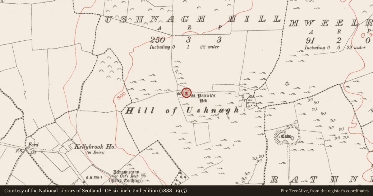 Ordnance Survey six-inch map, 2nd edition (1888–1915) covering the location of Megalithic tomb - unclassified, Ushnagh Hill, County Westmeath, with a pin at the register's coordinates