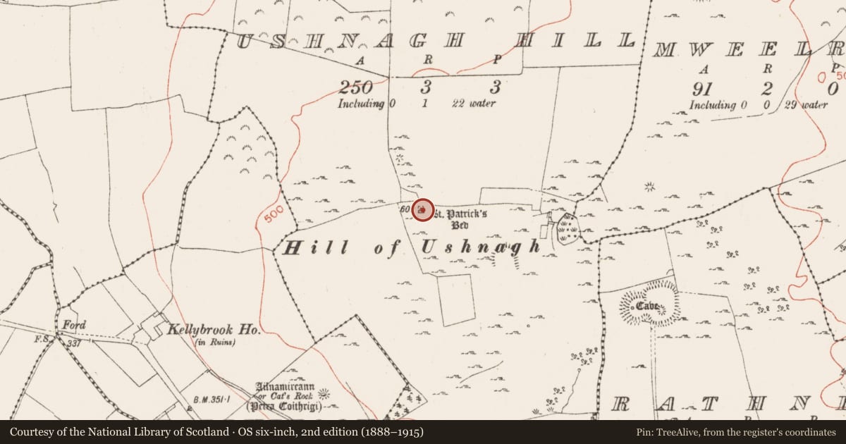 Ordnance Survey six-inch map, 2nd edition (1888–1915) covering the location of Enclosure, Ushnagh Hill, County Westmeath, with a pin at the register's coordinates
