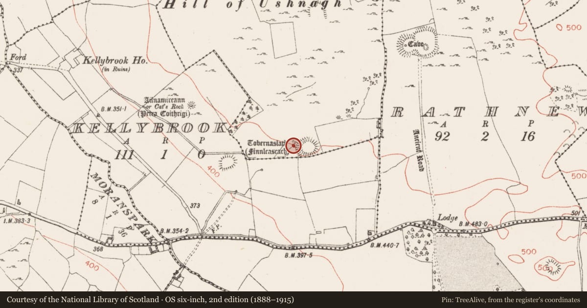 Ordnance Survey six-inch map, 2nd edition (1888–1915) covering the location of Ritual site - holy well, Ushnagh Hill, County Westmeath, with a pin at the register's coordinates